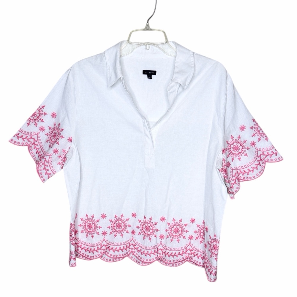 Talbots Cotton Linen Embroidery White and Pink Embroidered Women's Top